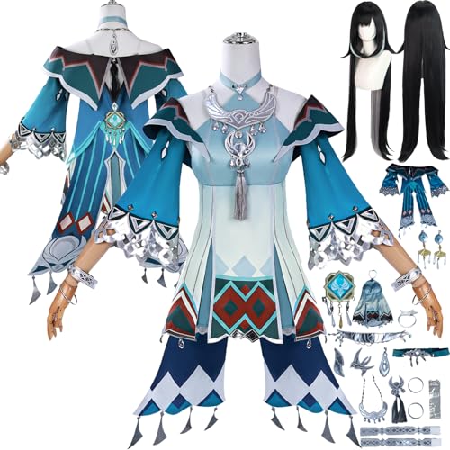 Cosimfy Anime Genshin Impact Lan Yan Cosplay Kostüm Outfit Spiel Rolle Varesa Furina Focalors Cosplay Uniform Set Halloween Karneval Party Dress Up Anzug mit Perücke Kleid Mantel für Frauen (L) von Cosimfy