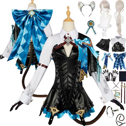 Cosimfy Anime Genshin Impact Lynette Cosplay Kostüm Outfit Spiel Rolle Varesa Furina Focalors Cosplay Uniform Set Halloween Karneval Party Dress Up Anzug mit Perücke Schwanz für Frauen (2XL) von Cosimfy