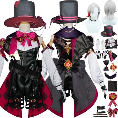 Cosimfy Anime Genshin Impact Lyney Cosplay Kostüm Outfit Spiel Rolle Escoffier Furina Focalors Cosplay Uniform Set Halloween Karneval Party Dress Up Anzug mit Perücke Hut Schal für Frauen (L) von Cosimfy