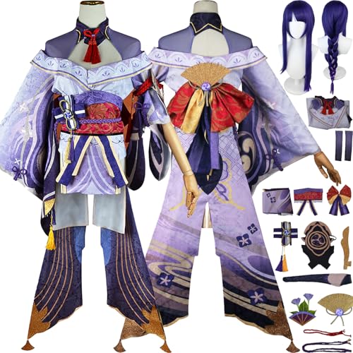 Cosimfy Anime Genshin Impact Raiden Shogun Cosplay Kostüm Outfit Spiel Rolle Escoffier Furina Uniform Komplettes Set Halloween Karneval Party Dress Up Anzug mit Perücke Gürtel für Frauen (L) von Cosimfy