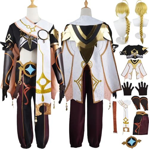 Cosimfy Anime Genshin Impact Traveler Aether Cosplay Kostüm Outfit Spiel Rolle Kinich Ifa Arlecchino Cosplay Uniform Set Halloween Karneval Party Dress Up Anzug mit Perücke Jacke für Männer (M) von Cosimfy