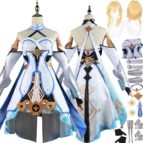 Cosimfy Anime Genshin Impact Traveler Lumine Cosplay Kostüm Outfit Spiel Rolle Varesa Furina Focalors Cosplay Uniform Set Halloween Karneval Party Dress Up Anzug mit Perücke Kleid für Frauen (L) von Cosimfy