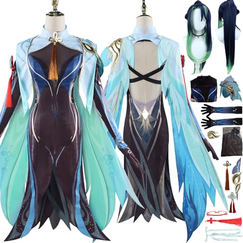 Cosimfy Anime Genshin Impact Xianyun Cosplay Kostüm Outfit Spiel Rolle Varesa Furina Focalors Cosplay Uniform Set Halloween Karneval Party Dress Up Anzug mit Perücke Socken Kleid für Frauen (M) von Cosimfy