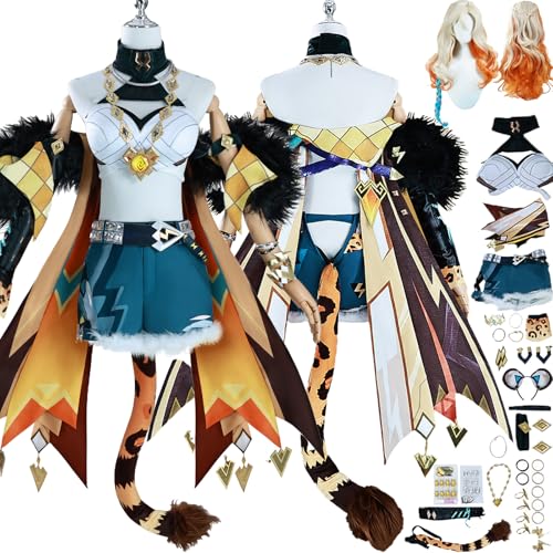 Cosimfy Anime Genshin Impact Xilonen Cosplay Kostüm Outfit Spiel Rolle Varesa Furina Focalors Cosplay Uniform Set Halloween Karneval Party Dress Up Anzug mit Perücke Shorts Schwanz für Frauen (3XL) von Cosimfy
