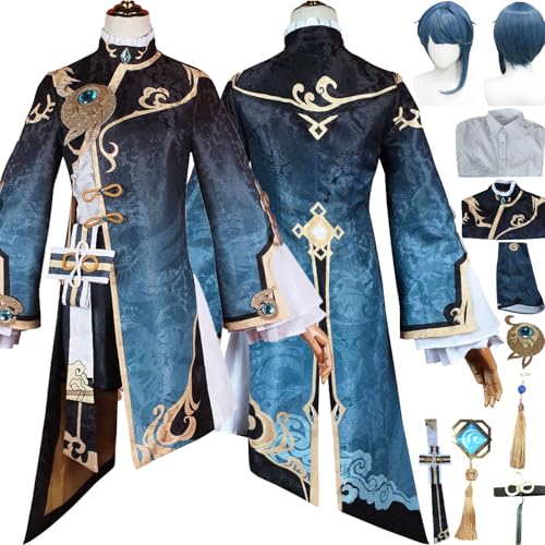 Cosimfy Anime Genshin Impact Xingqiu Cosplay Kostüm Outfit Spiel Rolle Varesa Furina Focalors Cosplay Uniform Set Halloween Karneval Party Dress Up Anzug mit Perücke Hemd Mantel für Frauen (M) von Cosimfy