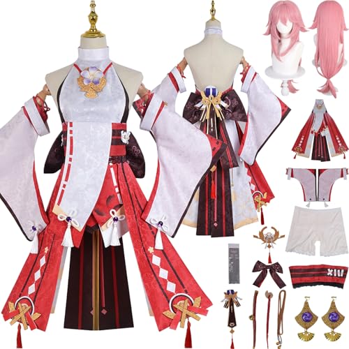 Cosimfy Anime Genshin Impact Yae Miko Cosplay Kostüm Outfit Spiel Rolle Varesa Furina Focalors Cosplay Uniform Set Halloween Karneval Party Dress Up Anzug mit Perücke Kleid Shorts für Frauen (M) von Cosimfy