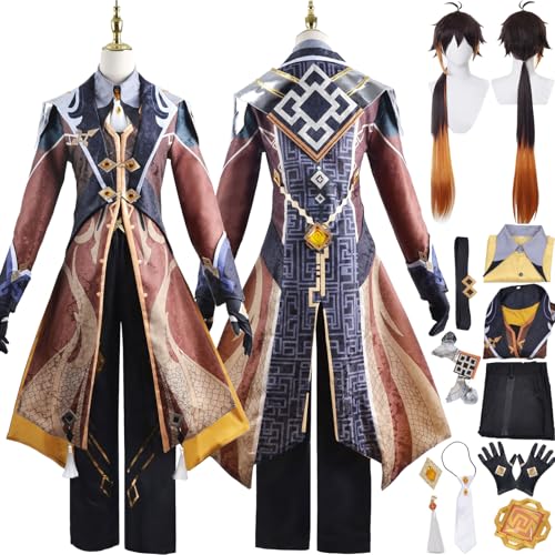 Cosimfy Anime Genshin Impact Zhongli Cosplay Kostüm Outfit Spiel Rolle Kinich Ifa Arlecchino Cosplay Uniform Set Halloween Karneval Party Dress Up Anzug mit Perücke Umhang Jacke für Männer (XL) von Cosimfy
