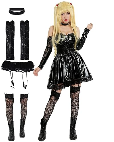 Coskidz Damen Amane Misa Dark Gothic Cosplay Kostüm Kleid mit Strümpfen Misa Amane Schwarzes Kleid Steampunk Halloween (Schwarz, Groß) von Coskidz