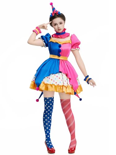 Cosplay.fm Clown-Kostüm für Damen, Karneval, Farbzirkus, Clown-Outfit, Süßigkeiten-Kleid-Set, Halloween-Kostüm für Erwachsene (mehrfarbig, XL) von Cosplay.fm