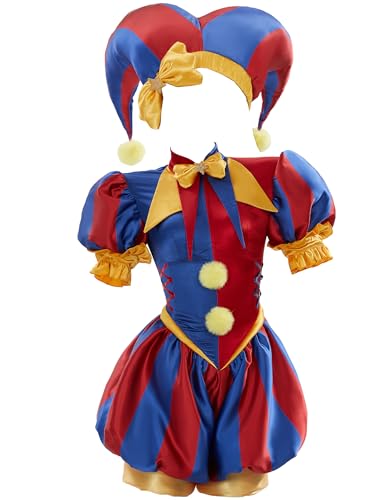 Cosplay.fm Clownkostüm Damen Karneval Outfit Overall und Hut mit Handschuhen und Socken Halloween Kostüm für Erwachsene Frauen (Rot und Blau, L) von Cosplay.fm