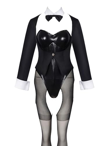 Cosplay.fm Cosplay-Kostüm für Damen, schwarzer Häschen, Body und Mantel mit Strümpfen und Hasenohren-Stirnband (Schwarz, L) von Cosplay.fm