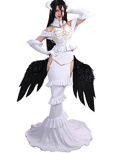 Cosplay.fm Damen Anime Kostüm Kleid Outfit mit Kragen Halskette Handschuhe Hörner für Albedo Cosplay (M, Weiß) von Cosplay.fm