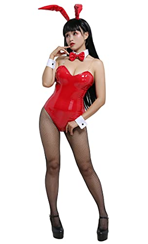 Cosplay.fm Damen Bunny Girl One Piece Bodysuit Japanischer Stil Bunny Cosplay Kostüm mit Kopfschmuck und Schleife Zubehör (XL, Rot) von Cosplay.fm
