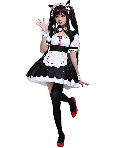 Cosplay.fm Damen Chocola Cosplay Kostüm Maid Lolita Kleid mit Schürze Petticoat Katzenohren Schwanz - mehrfarbig - Small von Cosplay.fm