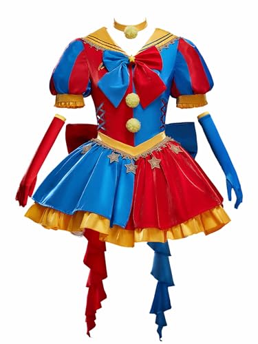 Cosplay.fm Damen Clown Kostüm Karneval Outfit Halloween Minikleid mit Hut Handschuhe, rot/blau, S von Cosplay.fm