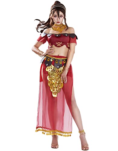 Cosplay.fm Damen Cosplay Kostüm Oberteil und Rock Set mit Ohrring und Halskette (XL, Rot) von Cosplay.fm