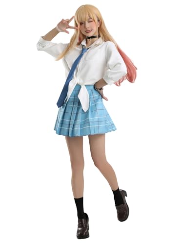 Cosplay.fm Damen Dress Up Cosplay Kostüm JK Uniform Hemd und Rock mit Strümpfen und Krawatte (Weiß und Blau, L) von Cosplay.fm