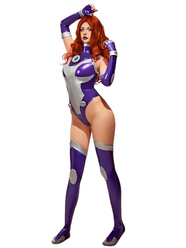 Cosplay.fm Damen Heldin Cosplay Premium Edition Super Speed Glänzend Leder Bodysuit Kostüm mit Handschuhen Socken (Lila, M) von Cosplay.fm