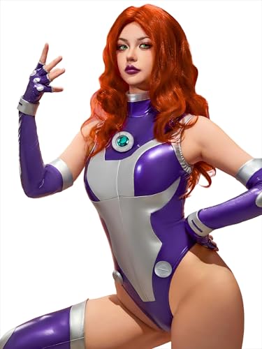 Cosplay.fm Damen Heldin Cosplay Premium Edition Super Speed Glänzendes Leder Bodysuit Kostüm mit Handschuhen Socken (Lila, XL) von Cosplay.fm