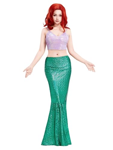 Cosplay.fm Meerjungfrauenkostüm für Damen, glitzernde Pailletten, Oberteil, Meerjungfrauen-Rock-Set, Meerjungfrauenschwanz-Kostüm, Halloween, Cosplay-Kleid, Grün und Violett, M von Cosplay.fm