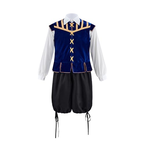 CosplayDiy Tudor-Kostüm-Set für Herren, elisabethanisches Jerkin-Doppel-Reithose, Deluxe-Kostüm, Blau, Größe L von CosplayDiy