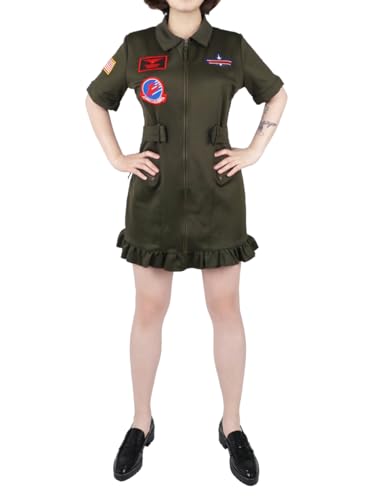 CosplayStudio Fliegerkombi Kleid | Kampfpiloten Overall Damen Kostüm | Olivegrün | Größe: L von CosplayStudio