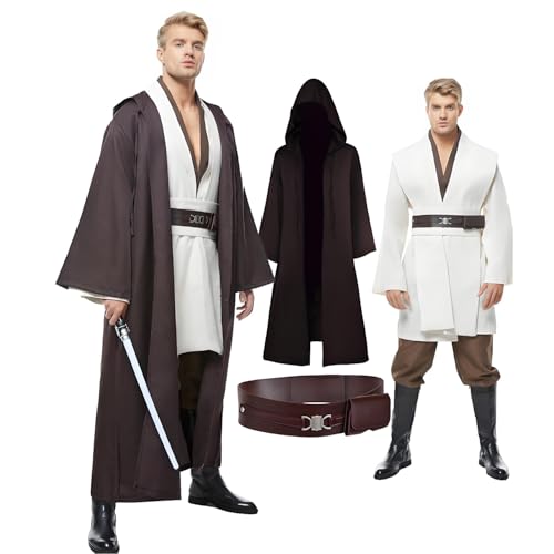 Herren Tunika Cosplay Kostüm Erwachsene Outfits Halloween Robe Kapuzenuniform Komplettes Set, Weiss/opulenter Garten, XS von Cosplaysky