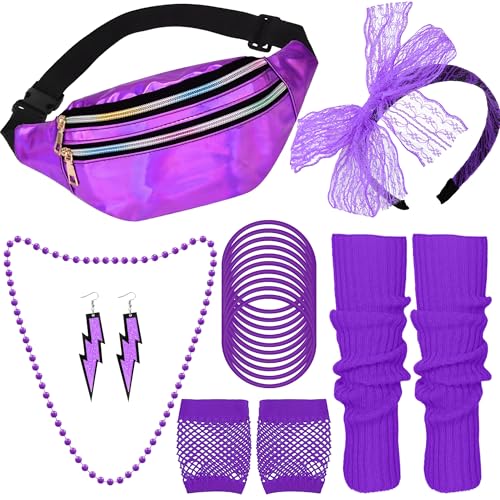 80er Jahre Zubehör für Frauen Spitze Stirnband Ohrringe Halskette Armband Handschuhe Beinwärmer Pack für 80er Jahre Outfit Party Set, Violett, Einheitsgröße 80er Jahre Zubehör für Frauen Spitze Stirnband Ohrringe Halskette Armband Handschuhe Beinwärmer Pack für 80er Jahre Outfit Party Set, Violett, Einheitsgröße von Cosrea
