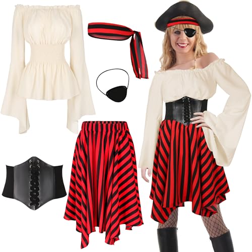 Cosrea Piratenkostüm für Erwachsene, Damen, Renaissance-Hemd, Bandana, Korsett, Taillengürtel, Augenklappe, Halloween, Piratenkönigin-Outfit Cosrea Piratenkostüm für Erwachsene, Damen, Renaissance-Hemd, Bandana, Korsett, Taillengürtel, Augenklappe, Halloween, Piratenkönigin-Outfit von Cosrea
