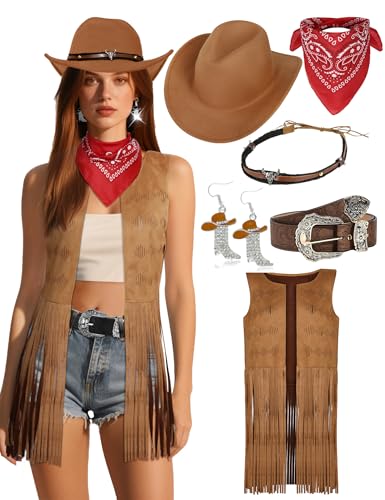 Cowgirl-Outfits für Damen, Westerngürtel, Zubehör, Fransen, Weste, ärmellos, mit Cowboyhut, Ohrring, Bandana, Braun, Small Cowgirl-Outfits für Damen, Westerngürtel, Zubehör, Fransen, Weste, ärmellos, mit Cowboyhut, Ohrring, Bandana, Braun, Small von Cosrea