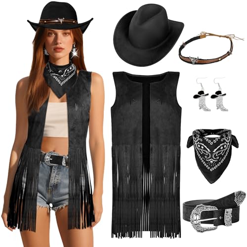 Cowgirl-Outfits für Damen, Westerngürtel, Zubehör, Fransen, Weste, ärmellos, mit Cowboyhut, Ohrring, Bandana, Schwarz, XX-Large Cowgirl-Outfits für Damen, Westerngürtel, Zubehör, Fransen, Weste, ärmellos, mit Cowboyhut, Ohrring, Bandana, Schwarz, XX-Large von Cosrea