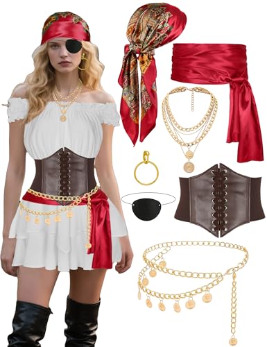 Piratenkostüm, Damenkleid, Korsett, Kopftuch, Schärpe, Kette, Gürtel, Halskette, Augenklappe, Party-Outfit, Piraten-Zubehör, Weiss/opulenter Garten, M Piratenkostüm, Damenkleid, Korsett, Kopftuch, Schärpe, Kette, Gürtel, Halskette, Augenklappe, Party-Outfit, Piraten-Zubehör, Weiss/opulenter Garten, M von Cosrea