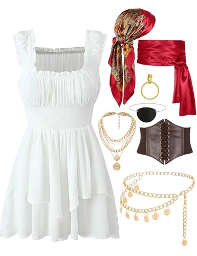 Piratenkostüm, Damenkleid, Korsett, Kopftuch, Schärpe, Kette, Gürtel, Halskette, Augenklappe, Party-Outfit, Piraten-Zubehör, Weiss/opulenter Garten, XXL Piratenkostüm, Damenkleid, Korsett, Kopftuch, Schärpe, Kette, Gürtel, Halskette, Augenklappe, Party-Outfit, Piraten-Zubehör, Weiss/opulenter Garten, XXL von Cosrea