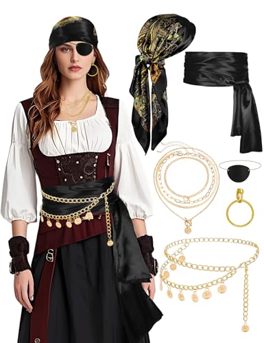 Piratenzubehör für Damen, Kapitän, Piratenkostüm, Damen, mit Kopftuch, Schärpe, Kette, Gürtel, Halskette, Augenklappe, Party-Outfit, Schwarz, Einheitsgröße Piratenzubehör für Damen, Kapitän, Piratenkostüm, Damen, mit Kopftuch, Schärpe, Kette, Gürtel, Halskette, Augenklappe, Party-Outfit, Schwarz, Einheitsgröße von Cosrea