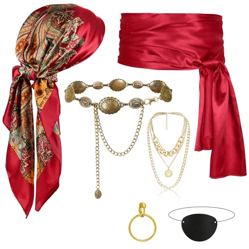 Piratenzubehör für Damen, Piratenkostüm mit Kopftuch, Schärpe, Kette, Gürtel, Halskette, Augenklappe, Halloween-Party, Rot/Ausflug, einfarbig (Getaway Solids), Einheitsgröße von Cosrea