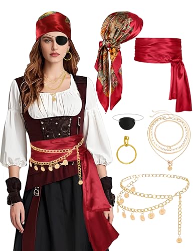 Piratenzubehör für Damen Kapitän Piratenkostüm Damen mit Kopftuch Schärpe Kette Gürtel Halskette Augenklappe Party Outfit Rot, Rot/Ausflug, einfarbig (Getaway Solids), Standard von Cosrea