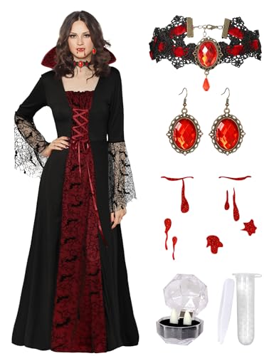 Vampirkostüm für Damen mit Zähnen Zubehör Gothic Vampirkleid Halloween Hexenkostüm Erwachsene von Cosrea