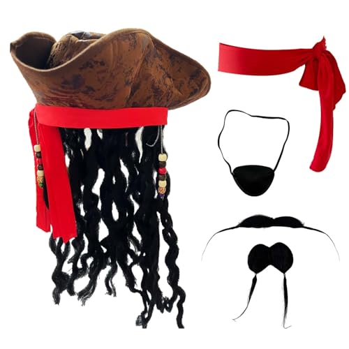 Piratenmütze für Herren, Piratenkostüm-Zubehör mit Augenaufnäher, Bart-Gürtel, für Cosplay-Party Piratenmütze für Herren, Piratenkostüm-Zubehör mit Augenaufnäher, Bart-Gürtel, für Cosplay-Party von Cossneer