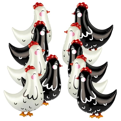 Cosswe 10 Stück Huhn Folienballon,Henne Walking Tier Folienballon,Airwalker Huhn Luftballons für Kinder Geburtstag Party Bauernhof-Party Deko, Helium Ballon(5 Weiß/5 Schwarz) von Cosswe