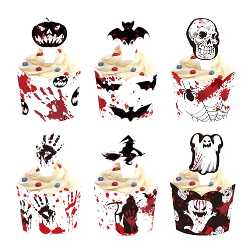 Halloween Cupcake Toppers und Wrappers - 24 Stück Muffins Kuchen Deko Mit Kürbis, Geist, Fledermäuse - Horror Topper für Mottopartys, Desserts Halloween Cupcake Toppers und Wrappers - 24 Stück Muffins Kuchen Deko Mit Kürbis, Geist, Fledermäuse - Horror Topper für Mottopartys, Desserts von Cosswe
