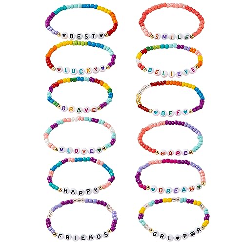 Kinder Freundschaft Armbänder 12 Stück Mädchen Inspirierende Buchstaben Perlen Armbänder Bunte Perlen Gewebte Armbänder Perlen Stretch Freundschaftsarmbänder für Geburtstagsparty Gefälligkeiten von Cosswe