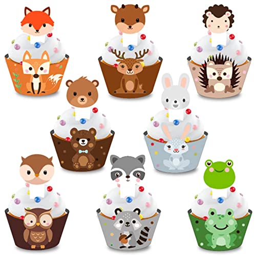 Waldtiere Kuchen Deko, 48 Stück Kuchendeckel Tier Cupcake Toppers Wrapper Cake Topper Tortendeko für Kinder Baby Party Geburtstag Dekoration von Cosswe