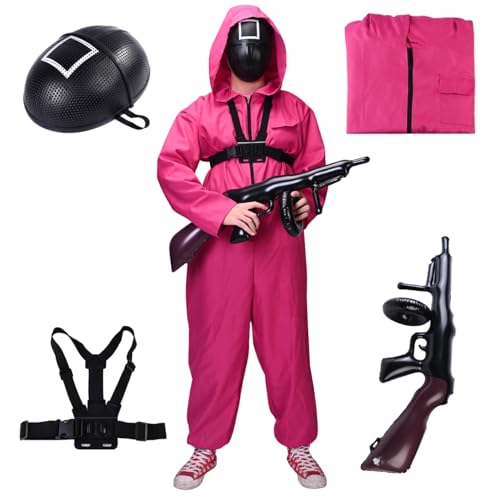 4 in 1 - Squid Game Set Erwachsene für Fasching & Karneval & Halloween - Kostüm mit Anzug & Gewehr & Maske - (170-190cm) 2XL von Costumed