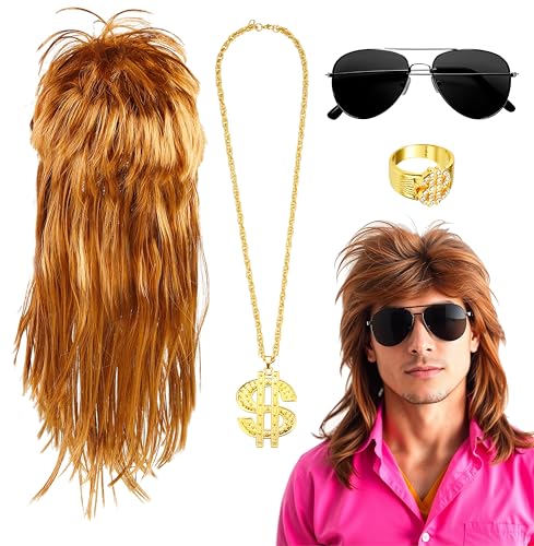 4-in-1 Vokuhila 80er & 90er Kostüm Set – für Kostüm zu Fasching & Karneval mit Assi Perücke Vokuhila, Goldkette Dollar & Brille & Goldring 4-in-1 Vokuhila 80er & 90er Kostüm Set – für Kostüm zu Fasching & Karneval mit Assi Perücke Vokuhila, Goldkette Dollar & Brille & Goldring von Costumed