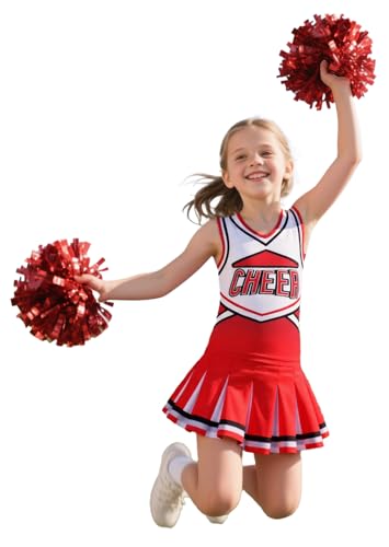 Sersllta Cheerleader-Kostüm für Mädchen, Cheerleader-Outfit mit Pompons, Halloween-Verkleidungsparty (Rot, 7-8 Jahre) von Costumerry