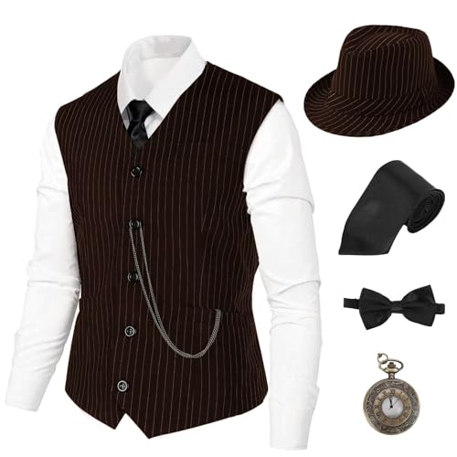 1920er-Jahre-Kostüm, brüllende 20er-Jahre-Kostüme für Herren, Zubehör-Set, Gatsby-Gangster-Kostüm, 1920er-Jahre-Kostüm, Herren-Outfits, Br&w Stripes, L 1920er-Jahre-Kostüm, brüllende 20er-Jahre-Kostüme für Herren, Zubehör-Set, Gatsby-Gangster-Kostüm, 1920er-Jahre-Kostüm, Herren-Outfits, Br&w Stripes, L von Cosvana