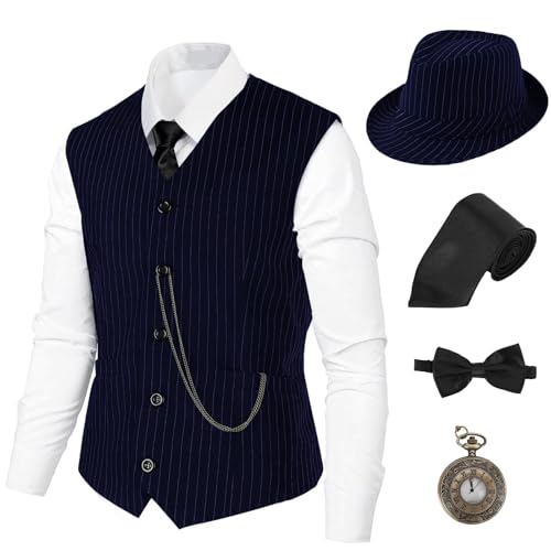 1920er-Jahre-Kostüm, brüllende 20er-Jahre-Kostüme für Herren, Zubehör-Set, Gatsby-Gangster-Kostüm, 1920er-Jahre-Kostüm, Herren-Outfits, DB&W Stripes, Large 1920er-Jahre-Kostüm, brüllende 20er-Jahre-Kostüme für Herren, Zubehör-Set, Gatsby-Gangster-Kostüm, 1920er-Jahre-Kostüm, Herren-Outfits, DB&W Stripes, Large von Cosvana