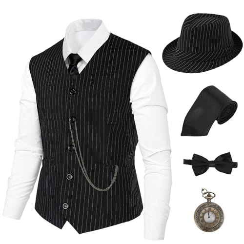1920er-Jahre-Kostüm, brüllende 20er-Jahre-Kostüme für Herren, Zubehör-Set, Gatsby-Gangster-Kostüm, 1920er-Jahre-Kostüm, Herren-Outfits, Schwarz-Weiß-Streifen, S von Cosvana