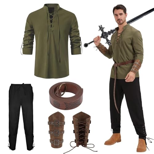 Herren 4-teiliges Mittelalter-Piraten-Set, Wikinger-Stil, Halloween, Renaissance-Kostüm, Militärgrünes Oberteil und schwarze Hose, M Herren 4-teiliges Mittelalter-Piraten-Set, Wikinger-Stil, Halloween, Renaissance-Kostüm, Militärgrünes Oberteil und schwarze Hose, M von Cosvana