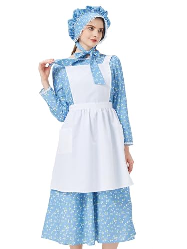 Prärie-Pionier-Kleid, florales Pilger-Kostüm, für Erwachsene, langes Kolonial-Kostüm mit Motorhaube, BU-XXL von Cosvana